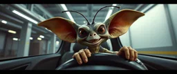 car driving happy 2d insect anime alien gremlin man in the style of Escher and Giger and Fallout 4, pinhole cam, airbrush 3d rendering, on tv screen:A five-second cinematic single take in a clean industrial presentation hall.