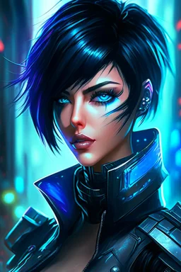 Fiora from league of legends in style cyberpunk, blue eyes And black short hair