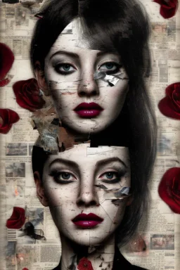 A collage about anxiety experienced by a beautiful woman, focus point of image, distant faces, ghosts, ripped pieces is newspaper clippings, suffocating, black rose petals, broken doll, ying-yang fading,abstract, chaos, epic photo, sharp on highly detailed skin with wrinkles and high contrast, photorealistic, 4K, 3D, realism, hyperrealism, detail, good lighting, detailed texture, modern photography style, 3D, 4D, 4K