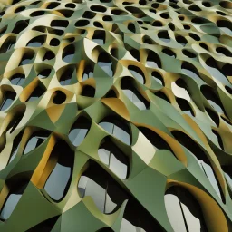 A building inspired by olive kernels, rendered in a contemporary abstract style.