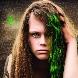 sad girl sitting on a chair under the rain, long hair, beautiful, high details, tatoos, short dress, curly hair, green eyes,cyberpunk, realistic, 4k