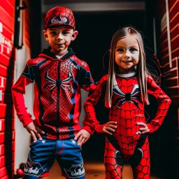 a brother and sister with their spiderman suits on with spider man into the spiderverse style