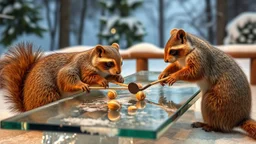 ice bear squirrel raccoons playing mini golf nuts hockey on super long glass table on ceres
