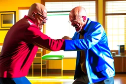 Walter white fighting spiderman in a house