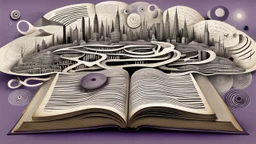 3d, egy kinyitott régi old book, kézírással írva egymás alatti hosszab, és rövidebb sorok, szavak, és listák egymás alatt, de nem olvasható betükkel, human form, circles, lines, around weird whimsical landscape sharp lines, many different size fade pale eyes, hands, building, and amorph shapes, fog, dark purple, gray, black, white, brown. nightmare style of Chagall , of Minjae Lee and Anton Semenov, Bosch, lonely in neurotipical life, neuron network with fog in background, surreal vibe
