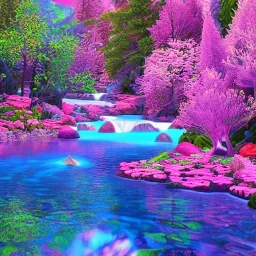 bright enchanted forest, blue lake,delicate flowers, pink tree, Swarosvsky crystals, cascades, full of details, smooth, bright sunshine，soft light atmosphere, light effect，vaporwave colorful, fantasy art, smooth, extremely sharp detail, finely tuned detail, ultra high definition, 8 k, unreal engine 5, ultra sharp focus