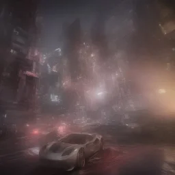 ferrari 488 in the middle of the night in a futuristic city with reflections