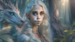 whole body image of beautiful Daenerys Targaryen in a mystical enchanted forest standing next to a dragon, HD 8K, sharp detail, hyperrealistic photo accurate face and features, cinematic lighting