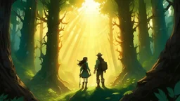 In this chapter, which begins with boldness and curiosity, the young hero or heroine challenges this dense forest full of secrets. Courage is shown in their eyes, and the willingness to explore an unknown world is evident. The young man or woman stands at the edge of the forest, their face lit with resolution and determination. Sunlight filtered through the holes in the trees, illuminating their next path into the dark forest. The clothes shine with bright colors that blend in with the surroun