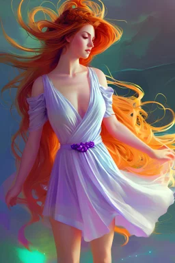 goddess wearing a wrap dress, universes collide, triadic color, dslr, auburn hair, in the style of shaiya, concept art from artstation, photograph, realistic, lithe body, nineteen years old, volumetric lighting