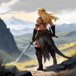the blonde barbarian with a braid (sword and sorcery adventure) Hours of riding pass. The landscape shifts from rolling hills to a desolate, rocky waste where the vegetation is stunted and blackened, clinging to the soil with a desperate, claw-like grip. The air grows thick with the scent of sulfur and old ash. The terrain turns treacherous. The wide road dissolves into a narrow, winding trail of shale and broken slate that clings to the side of the mountain. The mare grunts, her muscles straini