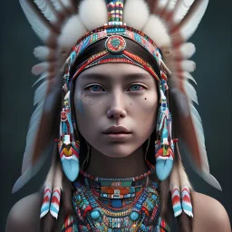 war painted pueblo Indian female,detailed eyes, disturbed expression.intricate detaile,thnically accurate face, intricate head dress,detailed turquoise jewelry, detailed hair, detailed feathers, use dynamic palette, accurate proportions, high contrast black smokey bokeh background.studio ghibli,andrea bonelli, style.