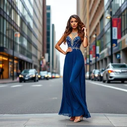 very beautiful lady with makeup long curly hair pretty prances jeweled maxi dress high heels, full body posing_to_camera in a modern city street