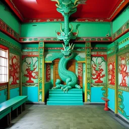 A mint colored Japanese dojo with a dragon designed in Matryoshka dolls painted by Salvador Dali