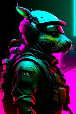 capybara soldier with rilfe M4 with helmet with neon background color with text Szczepan with cyberpunk style