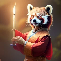 a cute litte red panda wearing Hanfu, holding a large candle, BK complex detail, cinema, reality, detail, octane rendering, stoic cinematic 4k epic detailed photograph shot on kodak detailed bokeh cinematic hbo dark moody 8k, 85mm f/16 by leica