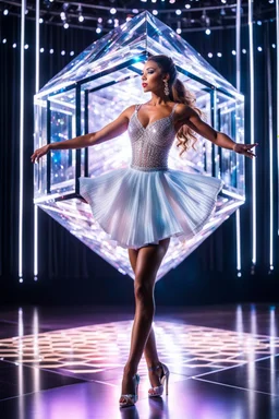 stage inside of a 3d crystal hexagon lovely light reflections ,full body shot of very beautiful lady skirt and bluse , Braided hair ,dancing in stage in the crystal cube pretty makeup,full cube shot