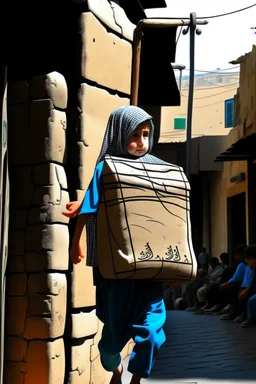 A Palestinian child carries on his shoulders a large bag with windows and doors