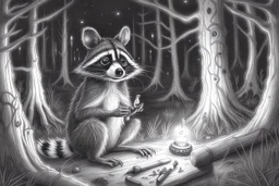 At dusk a curious raccoon explores the forest. Tiptoeing into human campsites, intrigued by human artifacts they found.- Pencil drawing, realistic, graphite