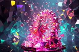 very complex CIFY structure ,pretty viberating color environment 3d metalic and crystal recursive evolving and animating beveled geometric base very complex CIFY structure emiting bubbles that broke, goddess of love in a pretty modern dress comes out dancing fast hip hop, viberating color moving very in modern city escap environment while camera tracking it.write in down screen 3d animating"Made in PixVerse By:J.Babakan"