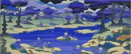 A violet swamp with yokai ghosts designed in Navajo woven art painted by Katsushika Hokusai
