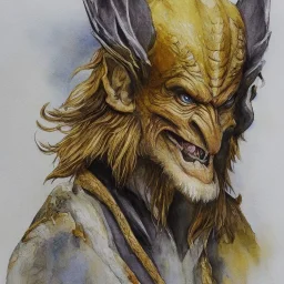 dungeons and dragons, fantasy, goblin, king, portrait, distinct face, ochre skin, watercolour