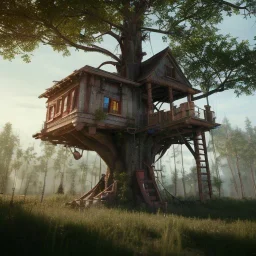 Tree house, fantasy unreal 5, octane render, cinema4d, redshift render, hyper realistic, cenematic, vibrancy, synthwave, retouch, centered, dynamic lighting, dramatic lighting, 4k, highly detailed, attractive beautiful, realistic, virtual reality, epic composition, holographic,