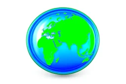 play button in the middle of the globe, blue and green