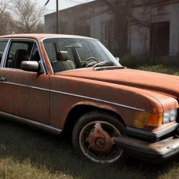 an abandoned 1990 Mercedes rust 2-door overgrown by nature with dust ,ultra realistic,concept, 4k ,on street,8k resolution, high-quality, fine-detail, parked in crowded city winter