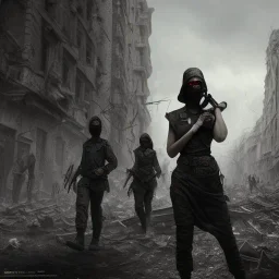 women, faces covered in black masks, ragged clothes, holding flag, war-torn, destroyed city in the background, 8k resolution, hyperrealistic, detailed matte painting, b&w, dynamic lighting, war, anarchy, terrorists