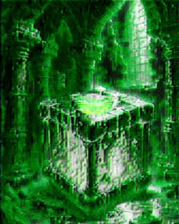 a gelatinous cube in vast dungeon room with green torches abandoned castle rpg art painterly