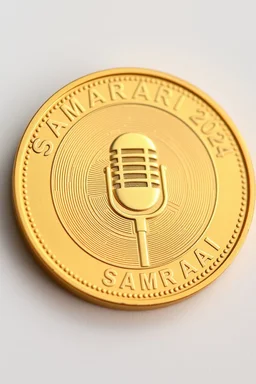 view of word , SAM SAMARRAI 2024 , on the edge on the gold coin ,with picture of microphone , in the middle of the coin.