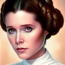 stunning half-body-portrait photo of princess leia from Star Wars played by Carrie Fisher, wlop, artgerm, akihiko yoshida, and liang xing, detailed face, doe eyes, intricate hair style, symmetrical eyes, trending on artstation, highly detailed, white dress, dynamic pose, intricate outfit, space ship and galaxy background