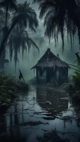 A swamp surrounded by bamboos long trees in cloudy, depressing, foggy, with a dim of light in the distance , there.is an abandoned cottage covered with leaves. A close look of strange scary creature sitting outside the cottage, a crocodile in the water and black crows