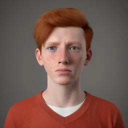 short redheaded boy with a long face and freckles , realistic, 8k,