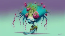 Partially skeletonized troll doll in ceremonial dress for getting married with plants growing from the top of her head; Alex Pardee; surrealism