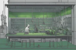 Side view, concept art, readiactive bizarre chemistry laboratory, green enviroment,lot detailed