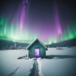 analog film minimal liminal icy a frame dimly lit cabin front elevation squared off and centered with icy trees behind and brilliant purple green aurora borealis - foreground is simple snowy field