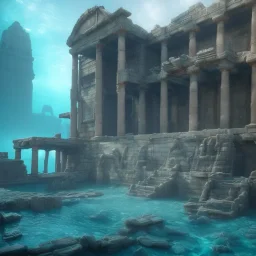 underwater, atlantis temple, futuristic, ancient writing, steps, and vaults. the temple is abandoned and the water is murky and dark