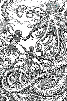 coloring pages for kids, 3 beatifull merman warriors fighting against a big octopus underwater, 8k, hyperdetailed, cinematic, 3d render, photo. cartoon style, thick lines, low detail, black and white, no shading, --ar 85:110