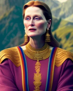 beautiful portrait of a young plum merryl streep, julianne moore, in the mountains, in the style viktor klint and moebius, rim light, vibrant moody colors, plain background, soft lighting, unreal engine