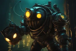 Big Daddy in bioshock model with 8k solo leveling shadow artstyle, venom them, Underwater, neon water, full body, intricate details, highly detailed, high details, detailed portrait, masterpiece,ultra detailed, ultra quality