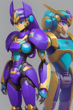 One Genderless Cyborg made of metal, has a human like face with a really long violet ponytail, the cybord is wearing armor similar to Omega from Megaman. The color palatte of the armour is deep purple and yellow. They are not wearing a Helmet, and have Turquoise colured eyes.