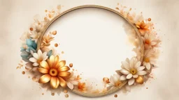 Hyper Realistic Right-side-view of Beige small-multicolor-Floral-Circular-Frame With Glowing Golden Embers On Off-White Grunge Background.