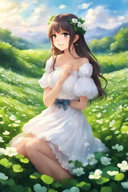 a girl in a white dress sitting in a field of clovers, cute anime girl portrait, beautiful anime portrait, realistic anime art style, realistic cute girl painting, portrait anime girl, smooth anime cg art, detailed portrait of anime girl, portrait of girl in flower field, realistic anime style at pixiv, cute anime waifu in a nice dress, realistic anime artstyle