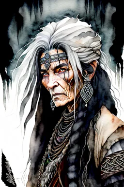 ink wash and watercolor illustration of an ancient grizzled, gnarled female vagabond shaman, long, black hair streaked with grey, highly detailed facial features, sharp cheekbones. Her eyes are black. She wears weathered roughspun Celtic clothes, emaciated and tall, with pale skin, full body , thigh high leather boots within a forest of massive ancient oak trees in the comic book style of Bill Sienkiewicz and Jean Giraud Moebius , sharp focus, natural light and shadow, rich vibrant color