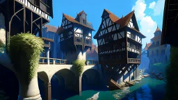 medieval buildings with balconies overhanging a river, blue sky and people, photorealism, trees, foliage, piers, ultra-sharp image, sharp focus