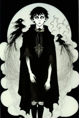 7 year old boy, necromancer, friendly, looks dead, surrounded by weird smoke with eyes, wearing black robes, in the style of Harry Clarke