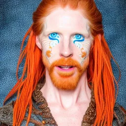 Portrait of Courtney Gains as a ruggedly handsome but joyful roguish pirate, charismatic, attractive male, masculine, perfect, precisely detailed, meticulously detailed clear blue eyes, softky freckled face, unblemished, flawless skin; meticulously detailed multi-hued ginger carrot colored cherry fire red hair; fantasy, intricate, elegant, highly detailed, digital painting, artstation, concept art, matte, sharp focus, illustration, art by artgerm and greg rutkowski and alphonse mucha