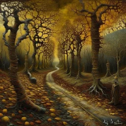 The crooked path. Baobab trees. colors kale, gold, rust, burgundy, black. The mystical path we share. Modifiers: dramatic Van Gogh Arthur Rackham Gothic Paul Klee pen and ink dreamy Edward Gorey disturbing metallic colors forboding Esao Andrews biomorphic fireflies hallucinatory DZO:Olivier